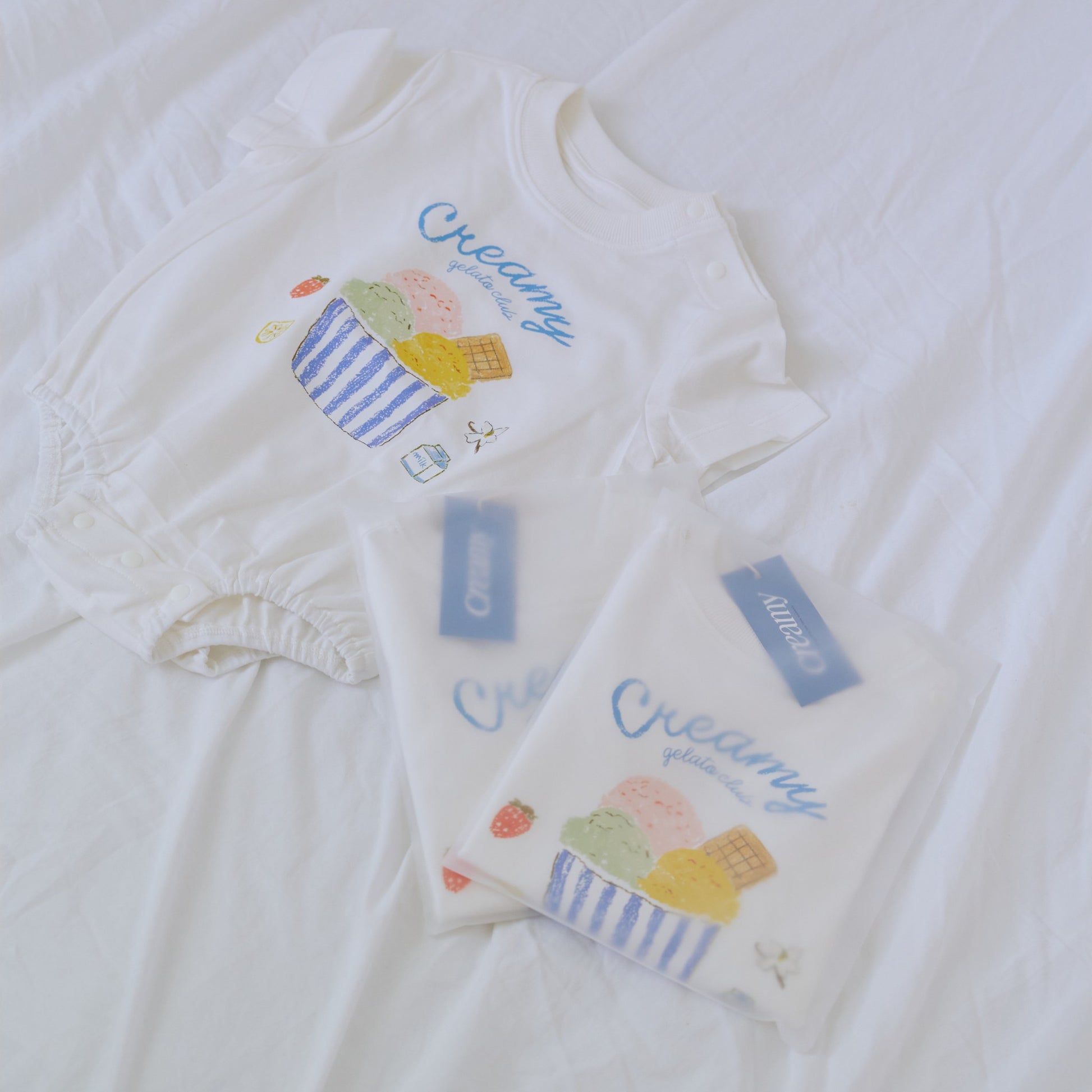 Creamy Gelato Romper flat lay with hang tags